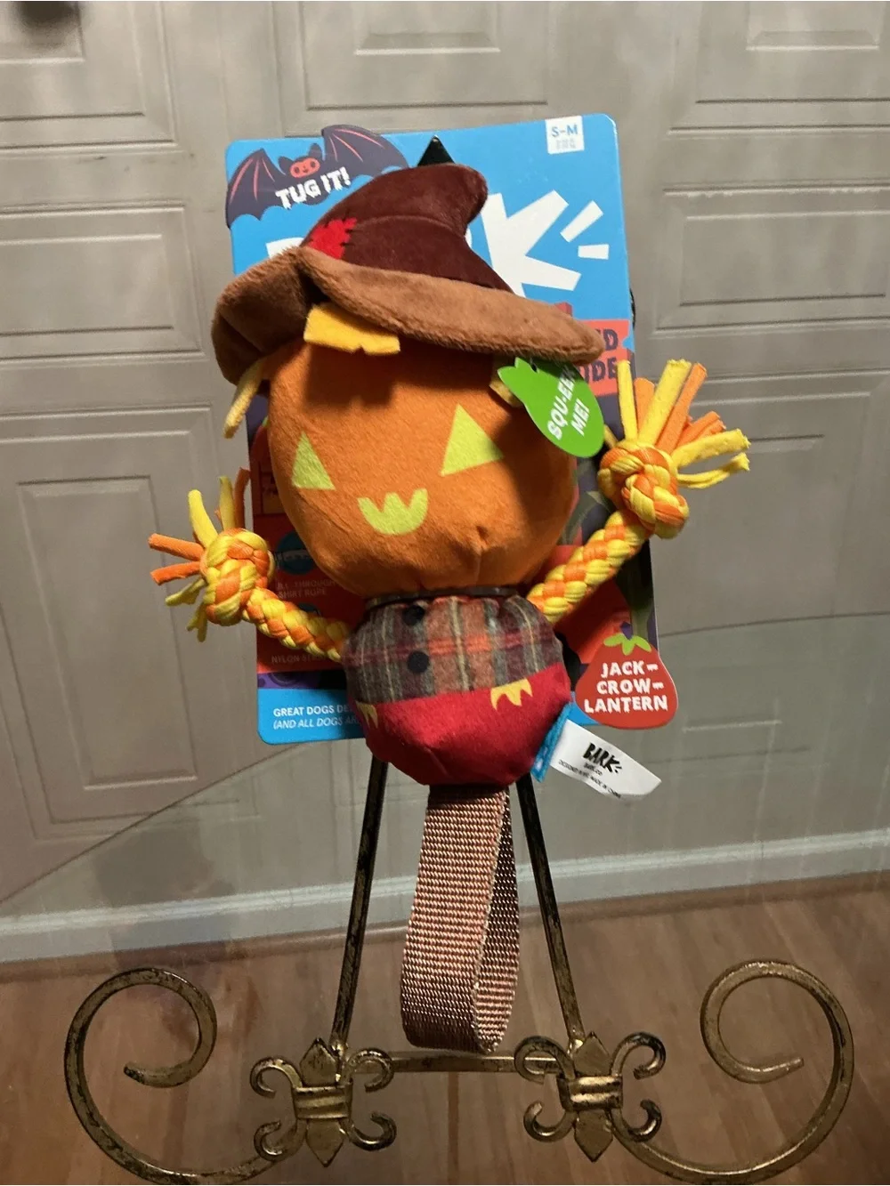 New Bark Jack Crow Lantern Dog Toy Scarecrow Tug Strap Crinkle Squeaker 12”